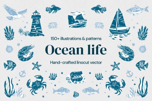 Download Ocean Life | Linocut Collection - Premium Resources